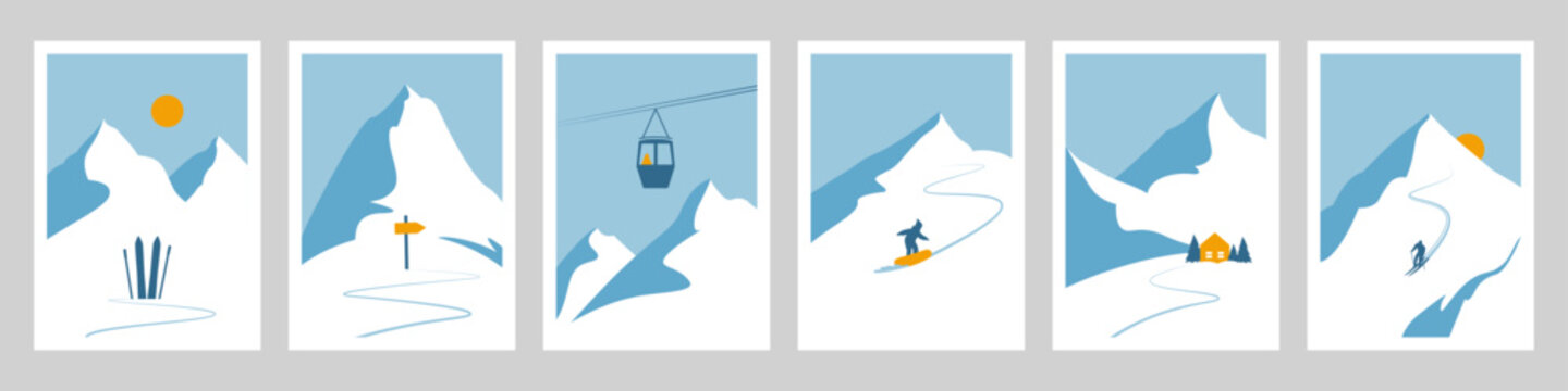 Ski landscape and alpine scenery posters for mountain resort backgrounds advertisements set
