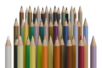 A vibrant array of sharpened, upright colored pencils, showcasing a spectrum of hues, from earth tones to brights, in a dense, varied-height formation