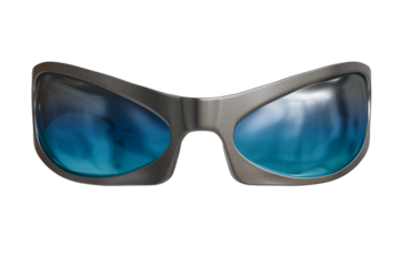 futuristic grey framed sunglasses with reflective blue lenses, isolated on transparent background. The sporty design offers a wraparound, protective aesthetic