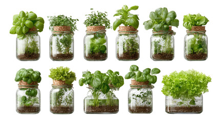 Fresh green herbs and lettuce growing in glass jars indoor garden collection healthy plants isolated on white background