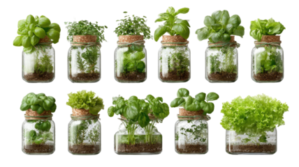 Fresh green herbs and lettuce growing in glass jars indoor garden collection healthy plants isolated on white background
