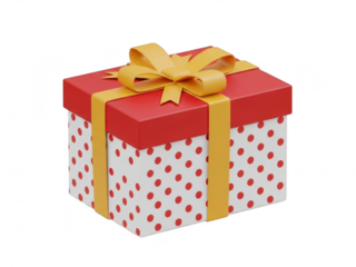 Red gift box with yellow ribbon and polka dots isolated on transparent background for holiday or present concepts