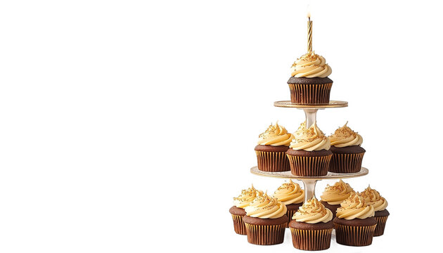 A festive cupcake tower with a single lit candle on top, standing on a transparent background