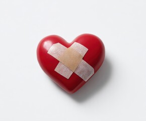 Red heart with bandages symbolizing healing and resilience on white background