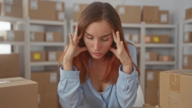 Woman holding hands to temples above chest amid rows of cardboard boxes at a storage building packing table, looking down and frowning; stress fatigue.