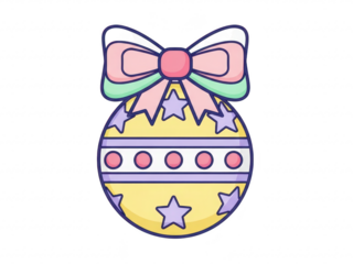 A yellow ornament with a pink bow on a transparent background