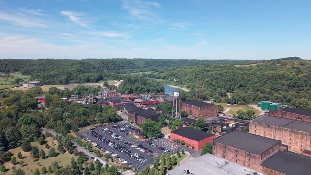 Buffalo Trace Whisky Distillery, aerial wide view over industrial buildings in Kentucky on bourbon trail