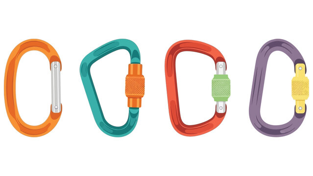 Four colorful climbing carabiners with different screw gate locking mechanisms