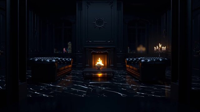 3D cinematic video black luxury classical living room interior night, black marble floors, black leather furniture, warm fireplace glow reflecting polished surfaces ambient lighting, candlelight flick