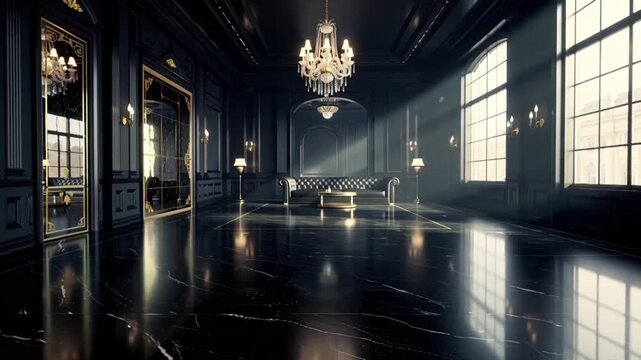 3D cinematic video of a superior luxury black classical living room interior, black marble floors reflecting sunlight, black leather furniture, golden decorative accents, ornate moldings, tall windows