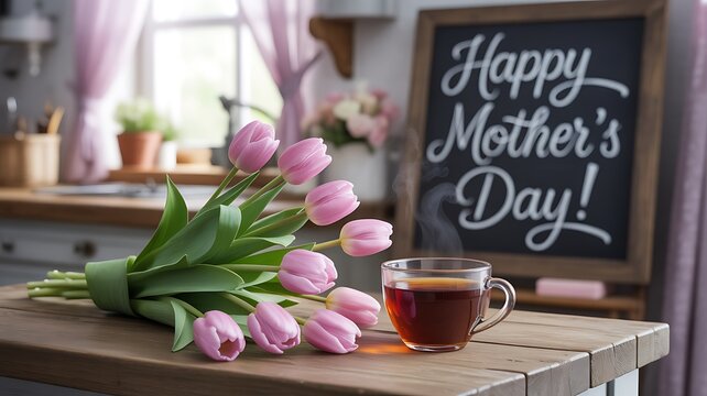 Pink tulips glass tea cup Happy Mothers Day chalkboard kitchen table