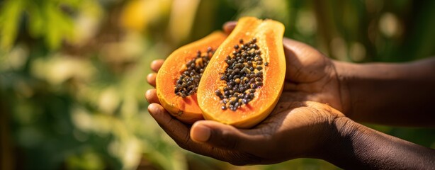 The Papaya Halves Held in Hands Showcasing Fresh Tropical Fruit and Seeds