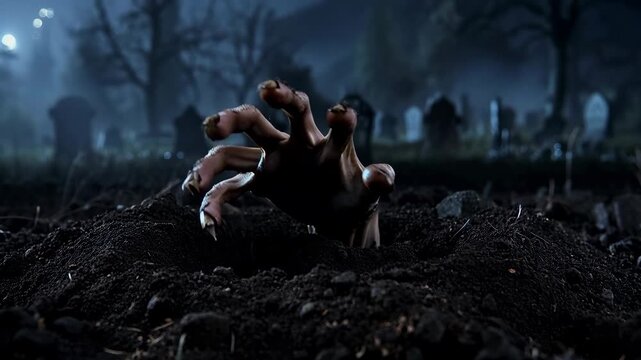Undead hand bursting out of the ground in a cemetery. Classic zombie horror footage.