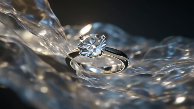 High-end luxury cinematic video diamond ring floating mid-air, flowing ethereal light waves transparent liquid energy. diamond refracts bends glowing light rays, prismatic reflections rainbow Elegant
