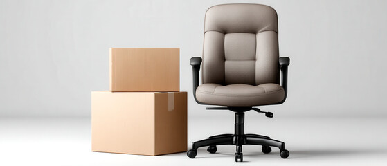 A modern office chair beside two cardboard boxes, showcasing a minimalist workspace setup ideal for organization and comfort.