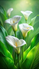 Obraz premium Delicate white calla lily blooms surrounded by lush green leaves in a soft focus painterly style