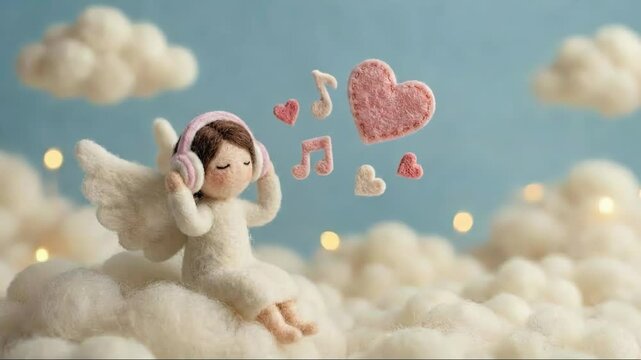 Needle felted angel woman figurine with headphones on cloud, surrounded by musical notes and hearts for Valentines day.
