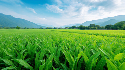 Lush green farmland with organized crop fields.