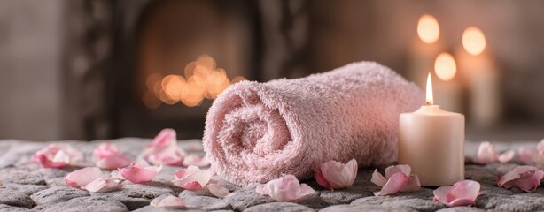 The towel rolled on spa stones with rose petals and burning candles