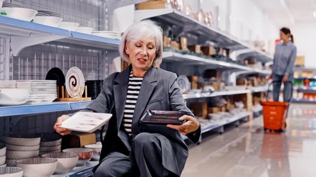 Senior woman in supermarket is choosing square plates. Female buyer examines ceramic kitchen utensils with pattern. 