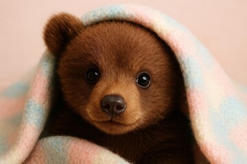 Adorable bear wrapped in blanket.
