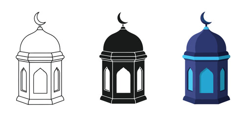 Obraz premium Mosque Lanterns Vector Set in Three Styles — Line Art, Silhouette and Color Version for Islamic Design, App UI, Posters and Branding