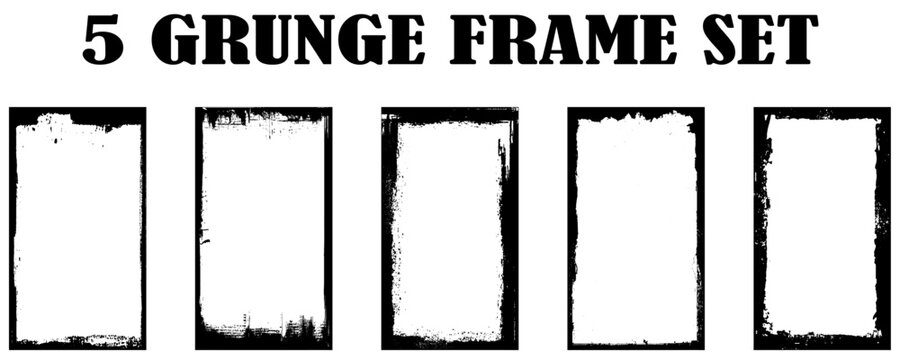Photo border stroke set - minimalist black rectangular edges with scratched grungy perimeter and distressed worn texture. Realistic clean monochrome frames for vintage prints and scrapbook design.