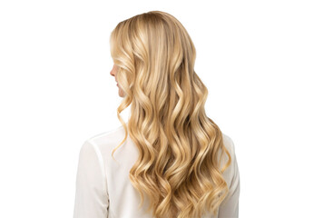 Naklejka premium Woman's back with long blonde wavy hair curls, isolated on a transparent background