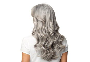 Naklejka premium Long silver gray wavy hair back view styling, isolated on a transparent background