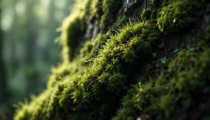 Mossy Tree Trunks in Sunlit Forest Canopy