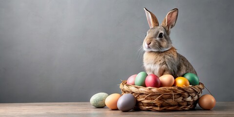 Bunny sitting on a stack of colorful eggs on a neutral gray background