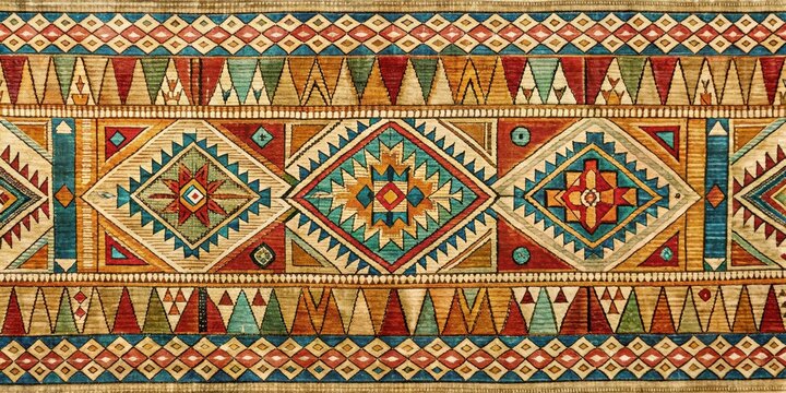 Ancient Egyptian geometric design on fabric with intricate patterns and shapes, created using traditional techniques