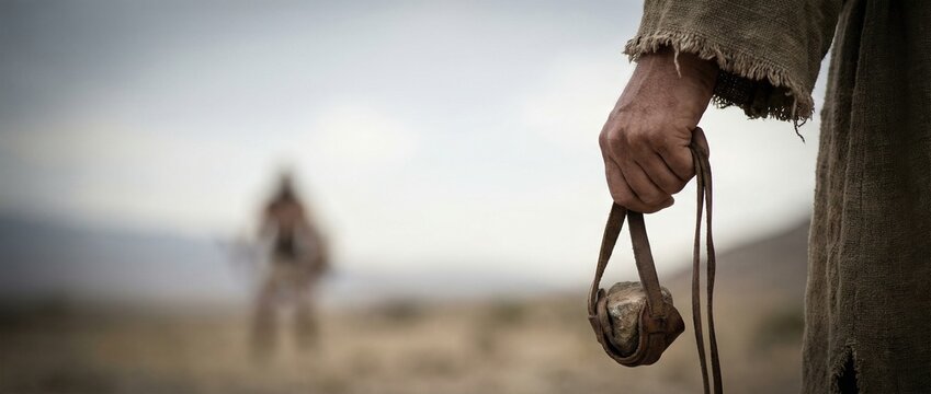 Man holding a sling with a stone, ready to battle the giant. Biblical story of David and Goliath. Faith and courage concept. Banner with copy space