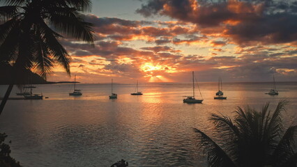 Moorea island seascape shows a dramatic tropical sunset over calm ocean waters, with sailing boats anchored peacefully, framed by silhouetted palm tree fronds and vibrant clouds