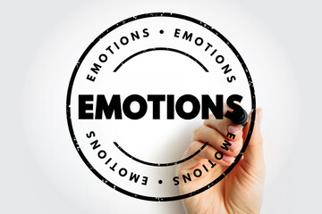 EMOTIONS circular stamp with a hand applying the mark and a distressed texture. Strong text focus conveys psychological themes, mood concepts, wellness content, or expressive communication visuals