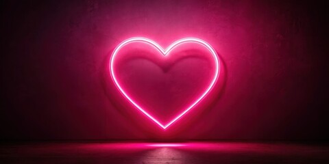 Neon pink heart with a glowing aura on a deep red wall background, illuminated by soft white light , heart, love symbol