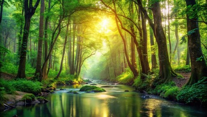 Serene forest stream winding through dense foliage of tall trees with sunlight filtering through leaves, water, greenery