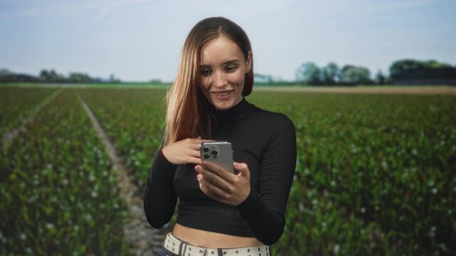 Woman holding smartphone, hand to chest and smiling at screen in a forest field, reading a text and checking notifications on her phone; surprise.