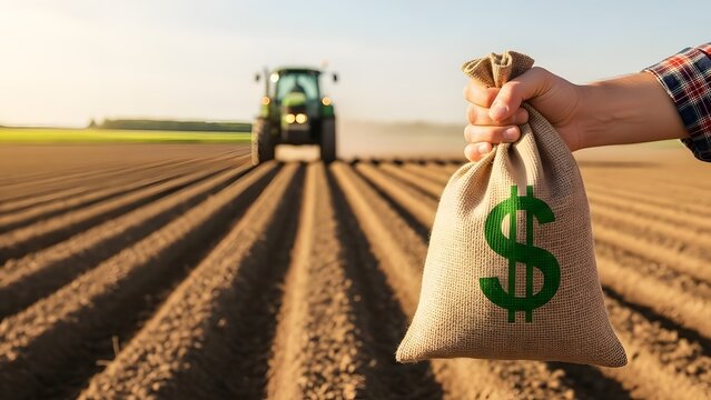 Farmer holding a burlap money bag with a dollar sign. Agricultural profit and farming investment. Person showing wealth in a tilled field with a tractor in the distance