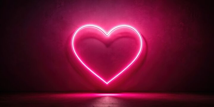 Neon pink heart with a glowing aura on a deep red wall background, illuminated by soft white light , heart, love symbol