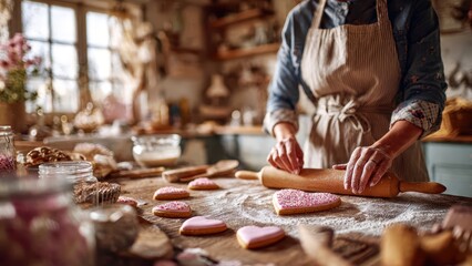 A woman prepares heart-shaped cookies with pink and red icing in a cozy kitchen
