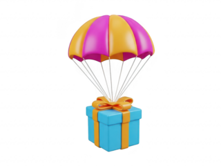 A blue gift box with a yellow ribbon and a parachute on a transparent background