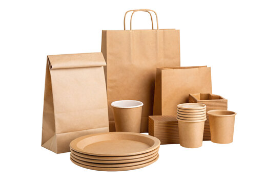 Brown kraft paper bags cups plates disposable food packaging, isolated on a transparent background
