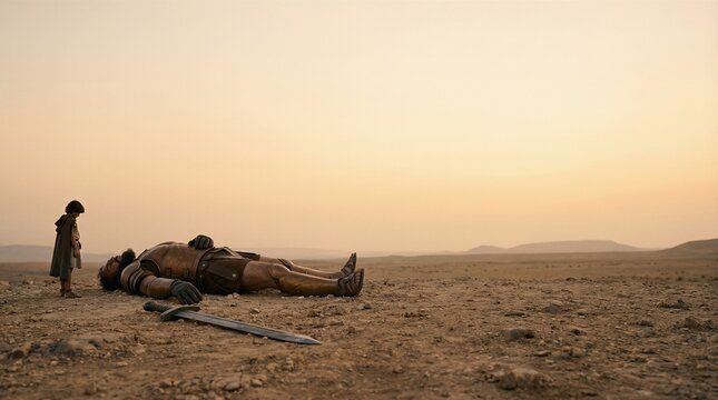 David standing next to dead Goliath in desert. Biblical story of faith and courage against overwhelming odds, a victory triumph.
