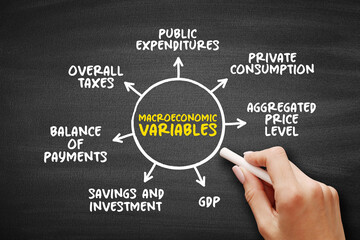 Macroeconomic variables diagram highlighting gdp, aggregated price level, private consumption, public expenditures, savings, investment, balance of payments, and overall taxes