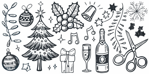 Festive holiday sketches christmas trees ornaments champagne and celebratory decorations © Sunil123