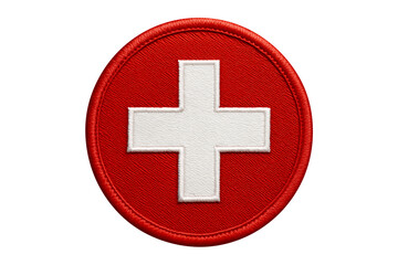 Fototapeta premium Embroidered swiss flag circular patch isolated on transparent background