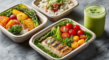 Healthy meal prep with grilled salmon, fresh vegetables, rice, and a green smoothie at a kitchen counter
