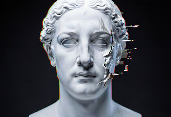 A classical marble bust sculpture featuring futuristic digital glitch art effects on its face, perfect for modern vaporwave and synthwave aesthetic designs.