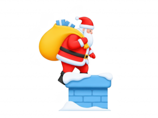 A jolly santa claus climbing down a chimney with a sack of toys on his back isolated on transparent background